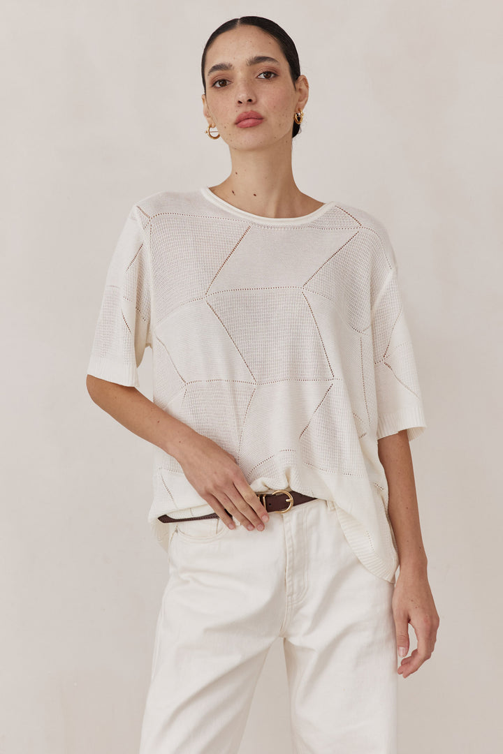 חולצת סריג דק לימה שרוול קצר | לבן