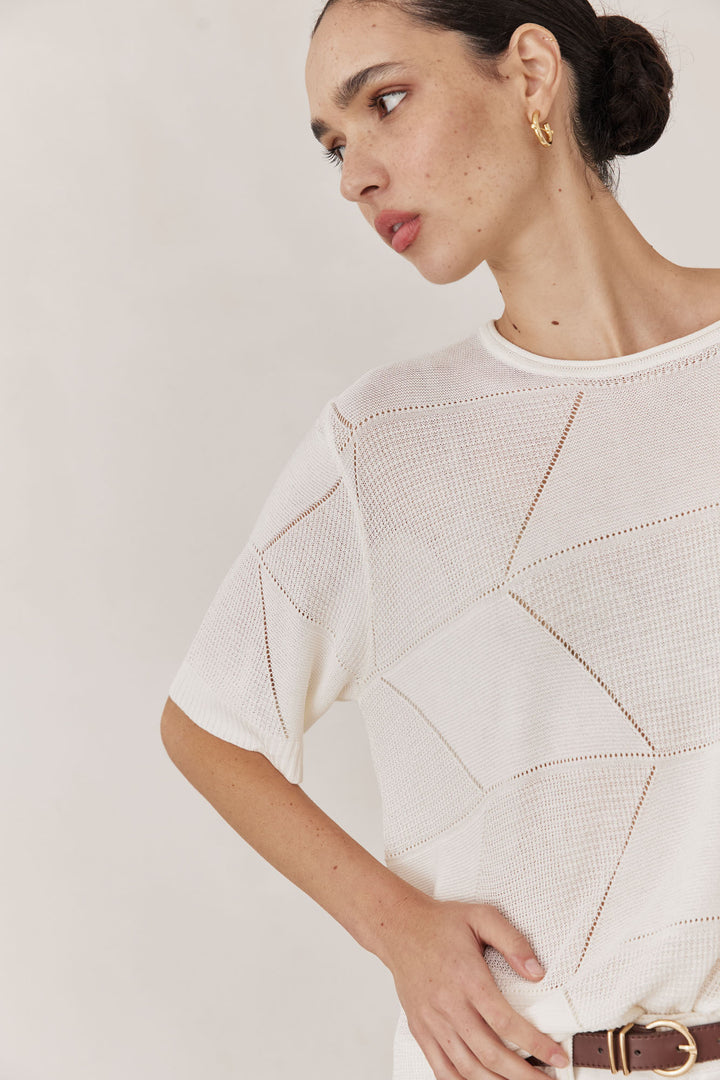 חולצת סריג דק לימה שרוול קצר | לבן
