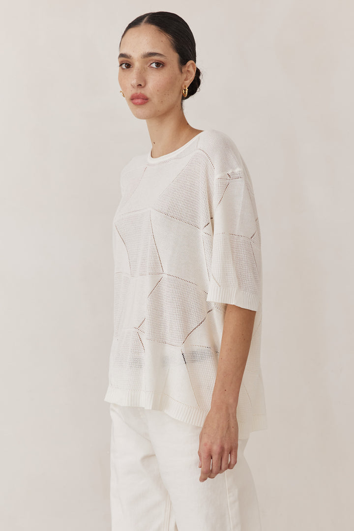חולצת סריג דק לימה שרוול קצר | לבן