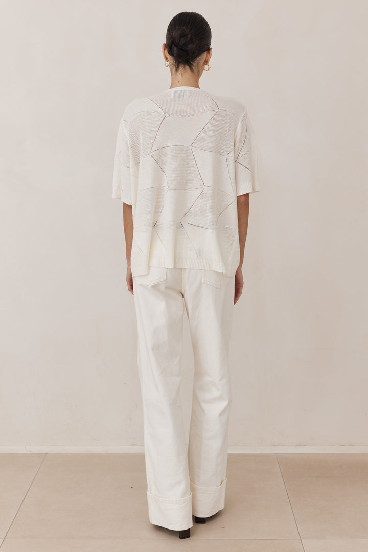 חולצת סריג דק לימה שרוול קצר | לבן