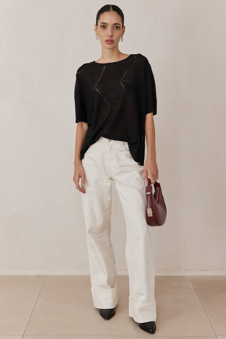 חולצת סריג דק לימה שרוול קצר | שחור