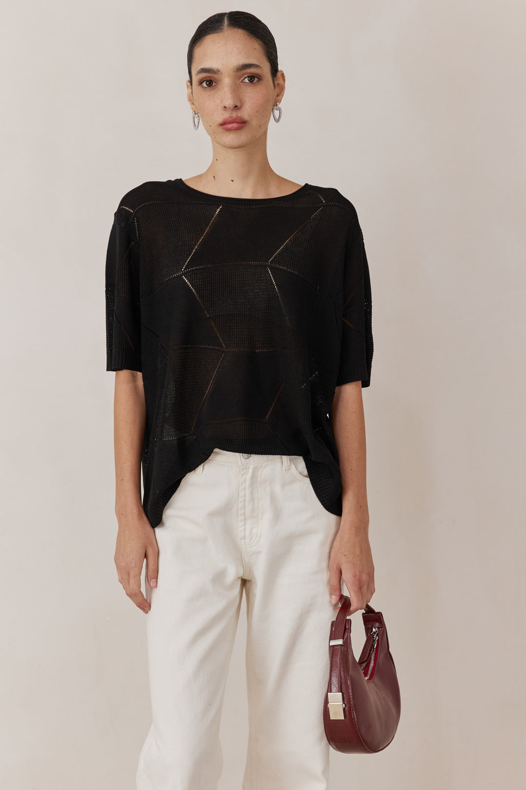 חולצת סריג דק לימה שרוול קצר | שחור