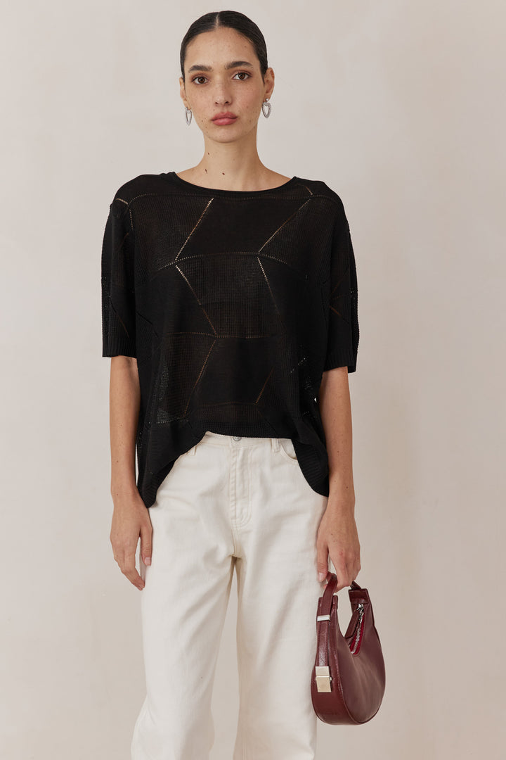 חולצת סריג דק לימה שרוול קצר | שחור