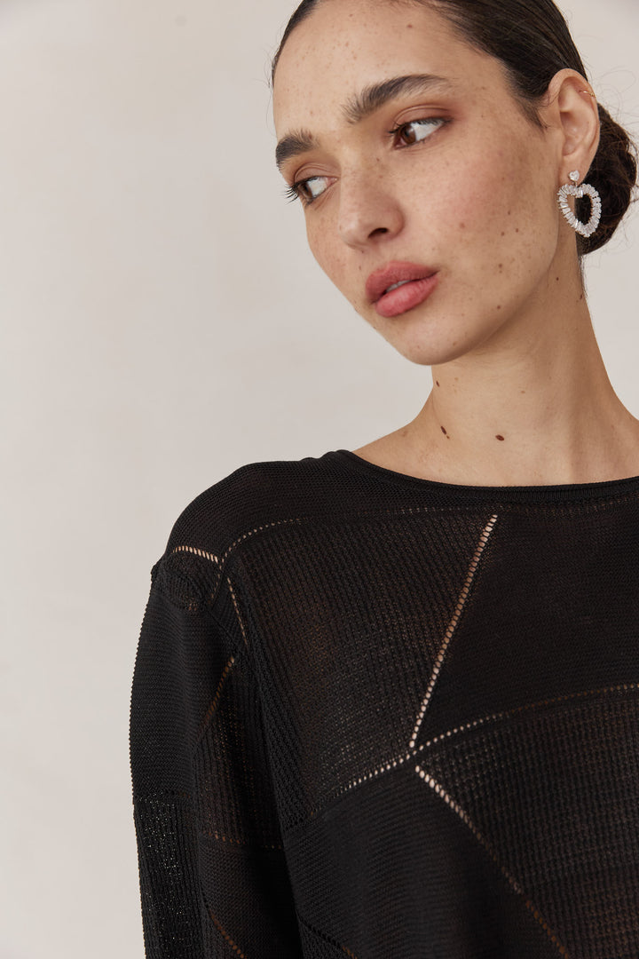 חולצת סריג דק לימה שרוול קצר | שחור