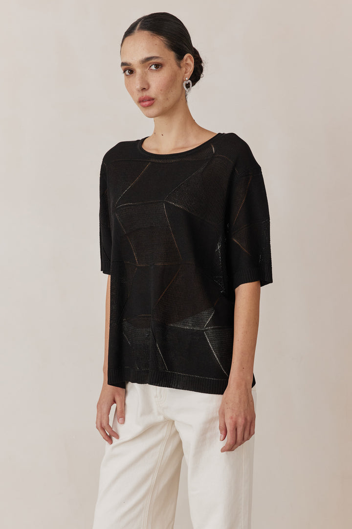 חולצת סריג דק לימה שרוול קצר | שחור