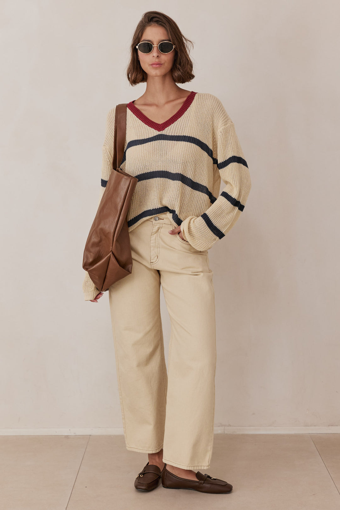 סריג לוקה סטרייפס מחשוף וי | בז'/כחול