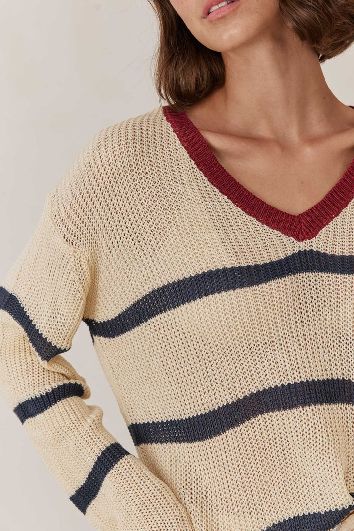 סריג לוקה סטרייפס מחשוף וי | בז'/כחול