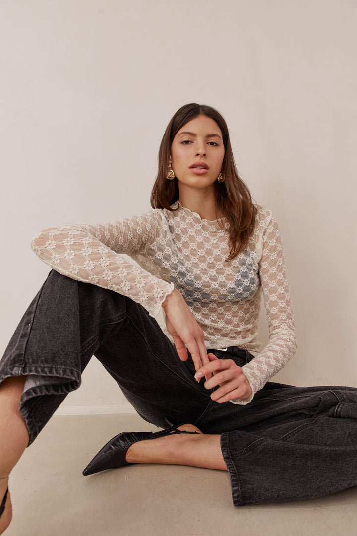 חולצת גולף דונה בד תחרה | שמנת