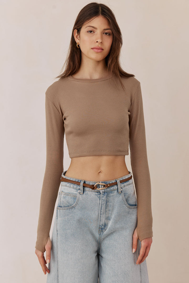 חולצת קרופ ויולט בד ריב שרוול כפפה | חום