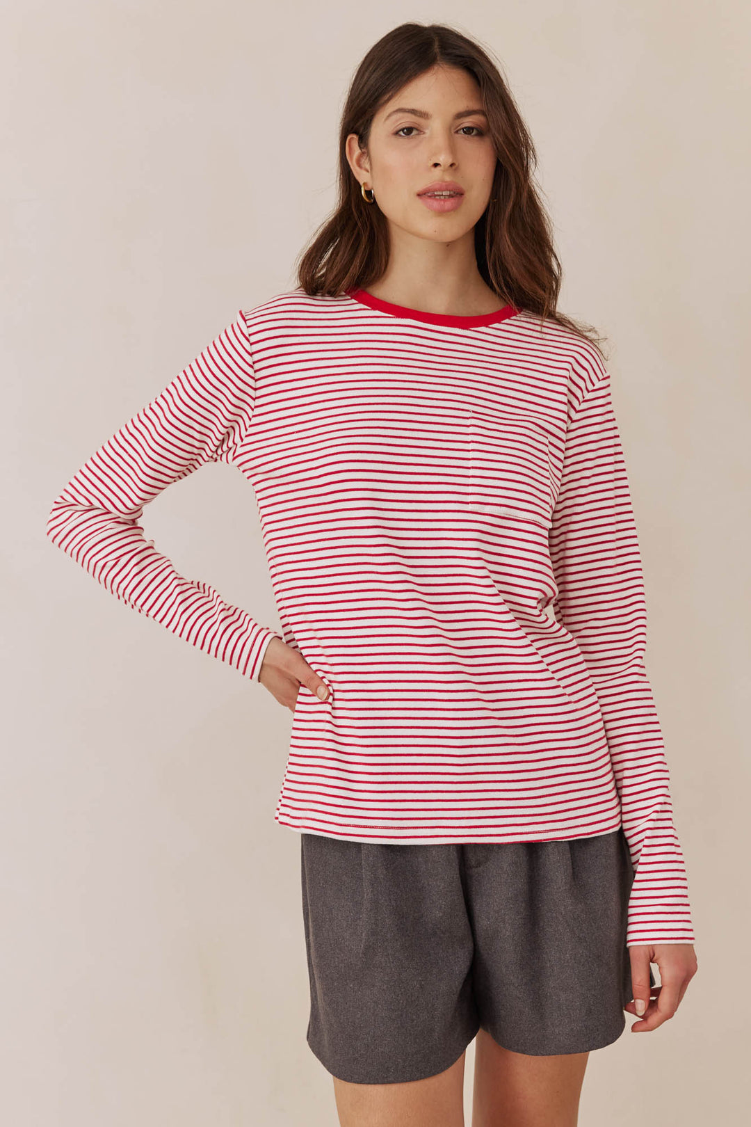 חולצת לילו סטרייפס בשילוב כיס | אדום/לבן