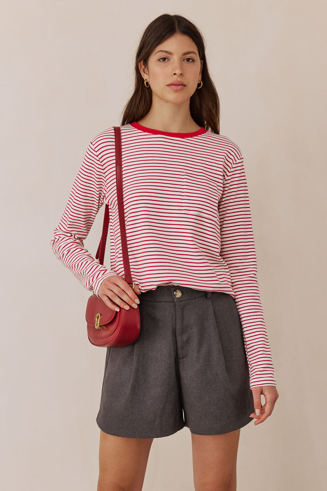 חולצת לילו סטרייפס בשילוב כיס | אדום/לבן