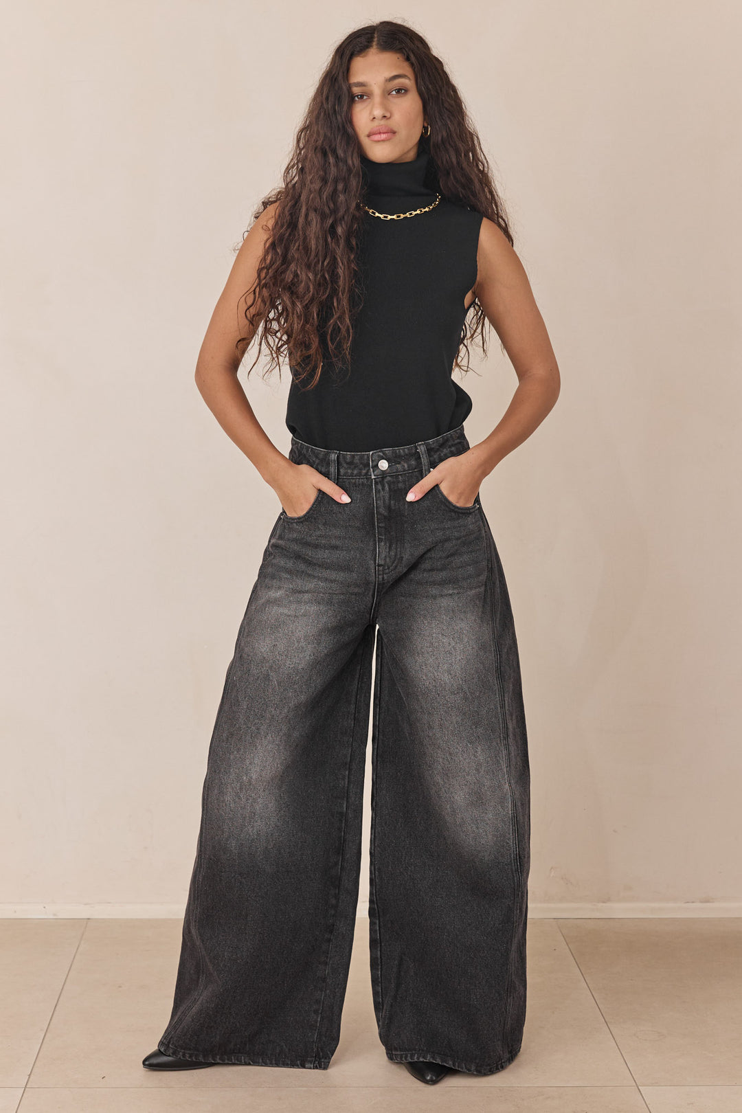 מכנסי דנים ברלין רחבים | שחור