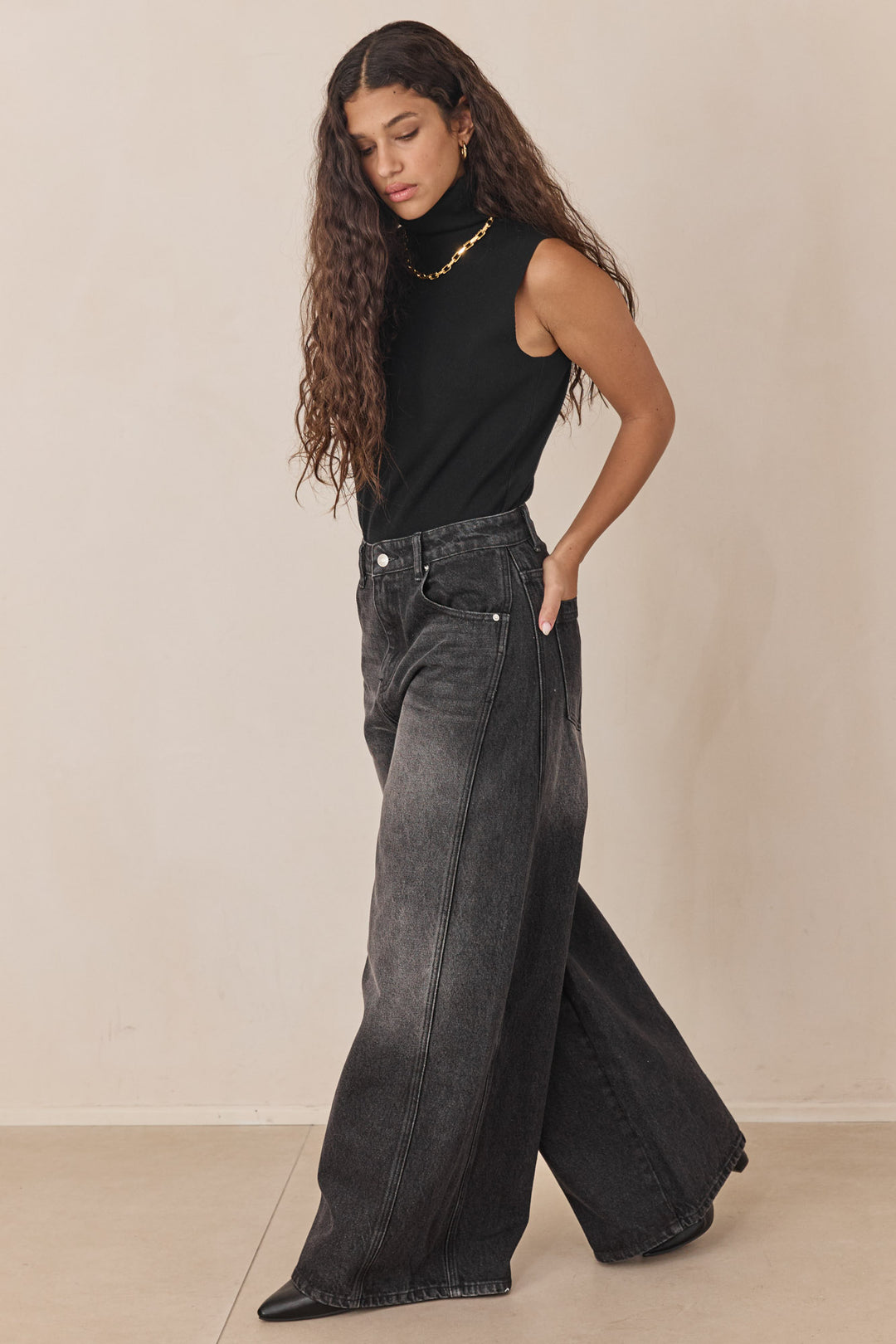 מכנסי דנים ברלין רחבים | שחור