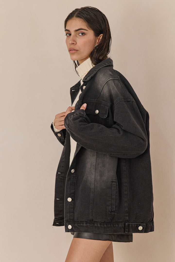 ג'קט ג'ינס משופשף הילארי גזרת אוברסייז | שחור