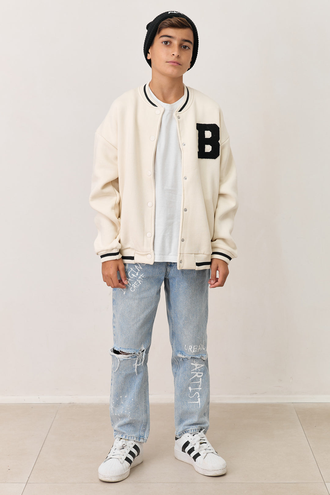 ג'קט בומבר B עם כיסים | לבן/שחור