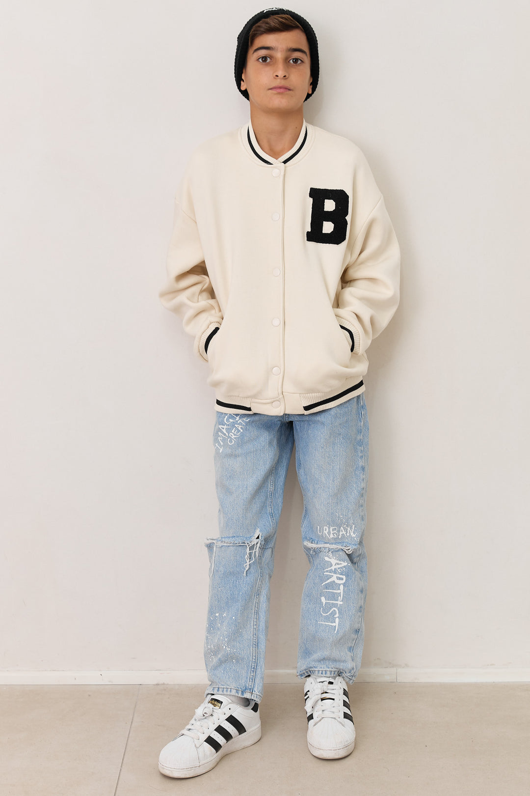 ג'קט בומבר B עם כיסים | לבן/שחור