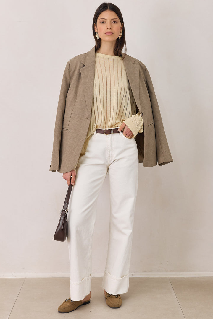 חולצת סריג דק פולי טקסטורת פסים | בז'