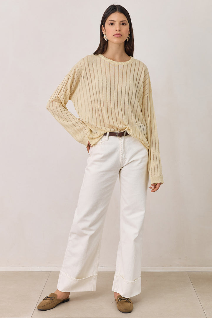 חולצת סריג דק פולי טקסטורת פסים | בז'