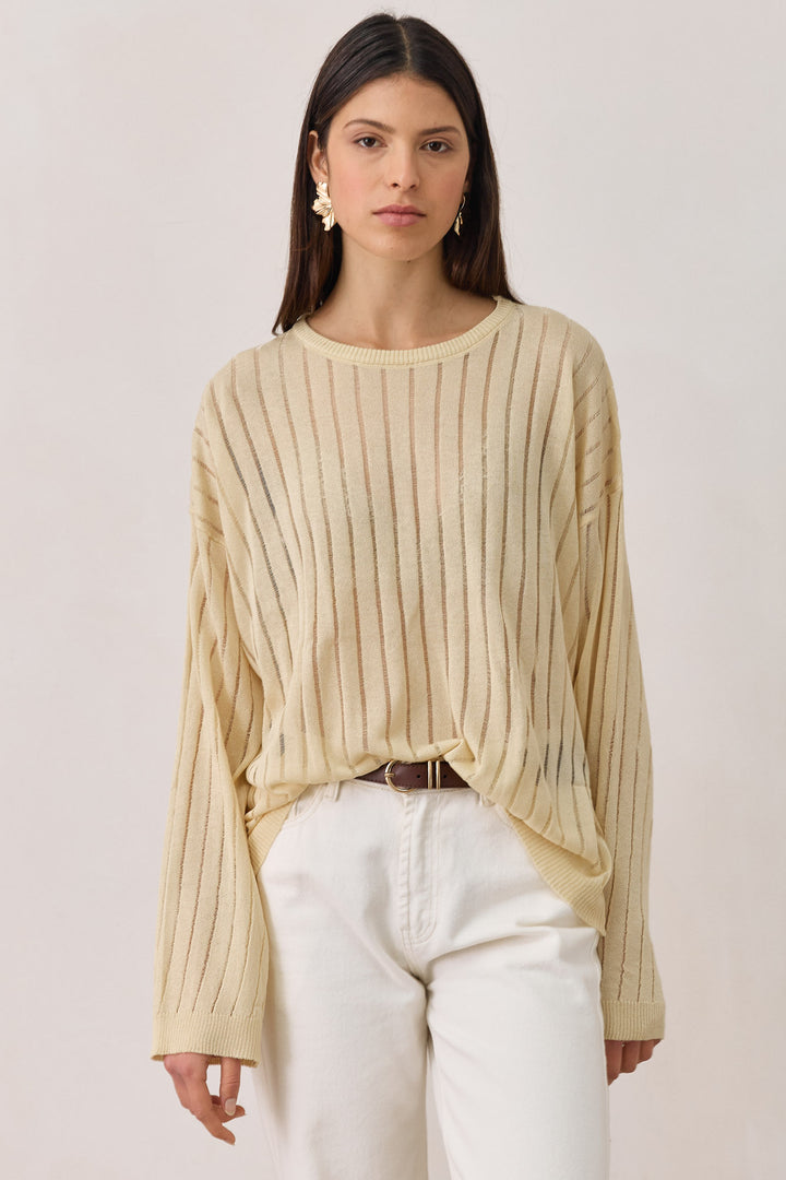 חולצת סריג דק פולי טקסטורת פסים | בז'