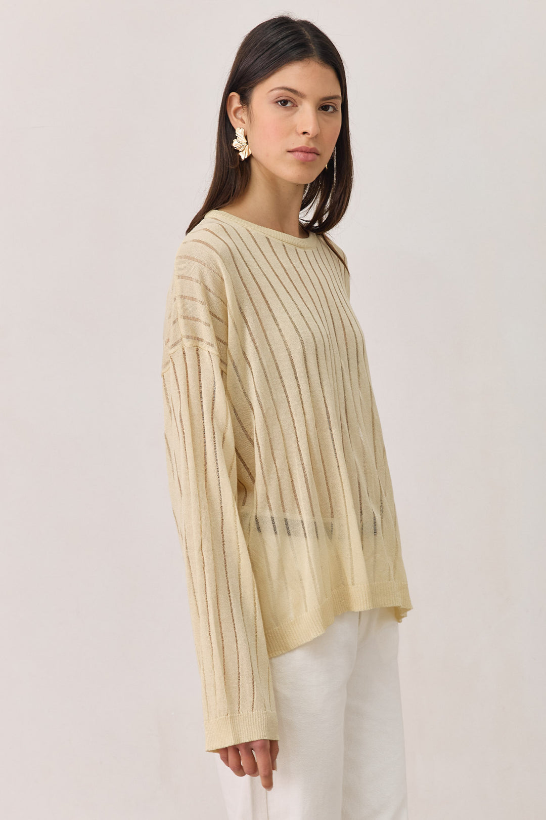 חולצת סריג דק פולי טקסטורת פסים | בז'