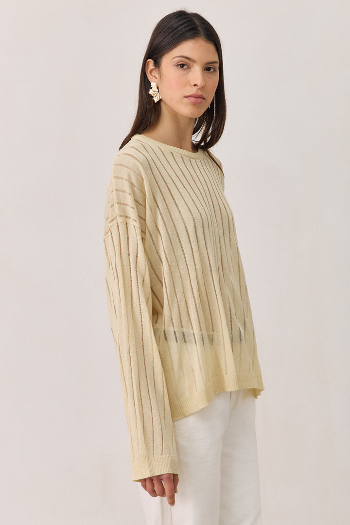 חולצת סריג דק פולי טקסטורת פסים | בז'