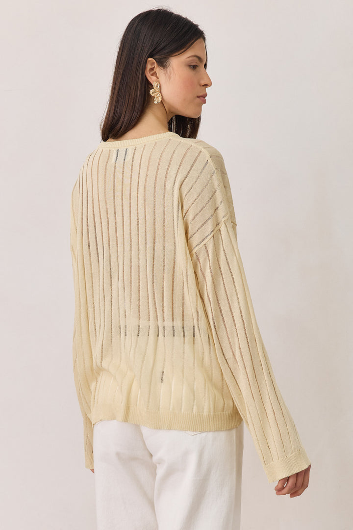 חולצת סריג דק פולי טקסטורת פסים | בז'