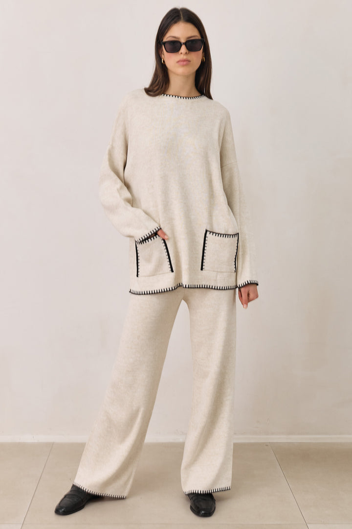 מכנסי סריג אליוט תיפורים בולטים | שמנת