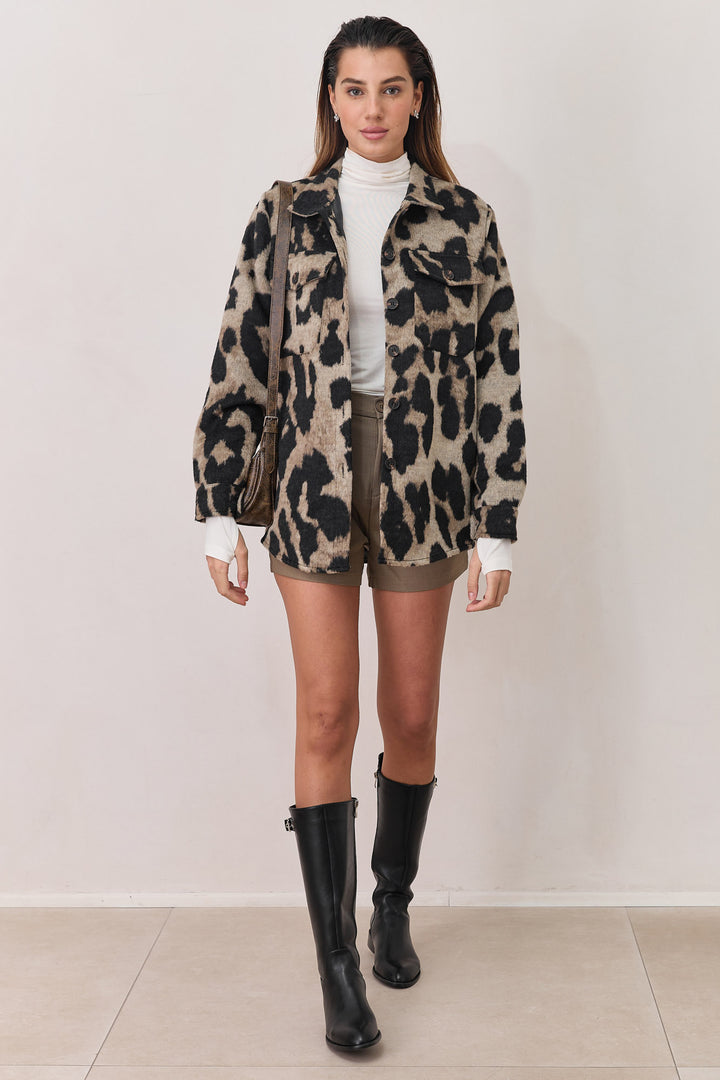 ג'קט ביאנקה דמוי צמר סגירת כפתורים | בז'/שחור