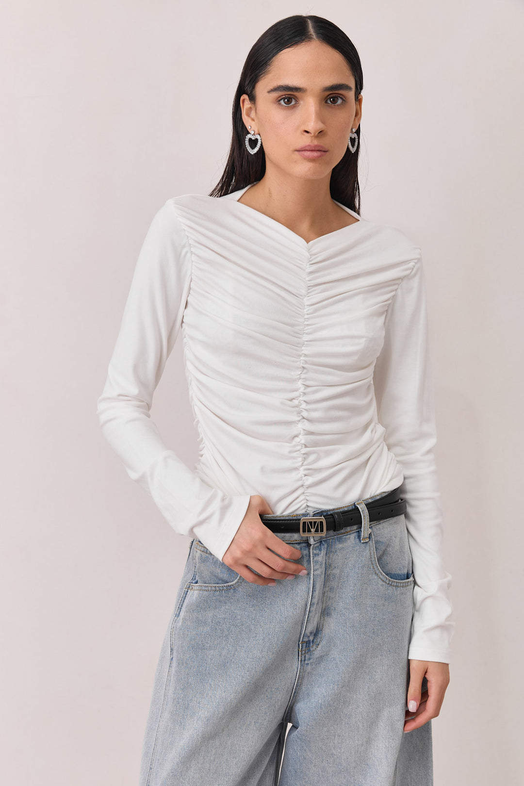 חולצת ויטוריו בשילוב כיווצים | לבן