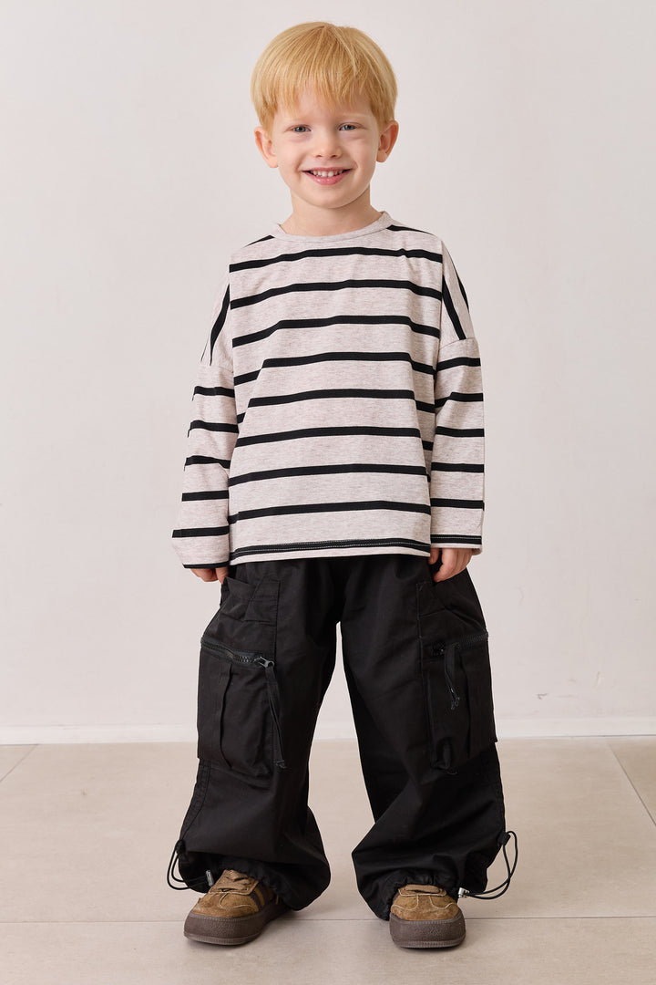 טי שירט פסים שרוול ארוך | בז'/שחור