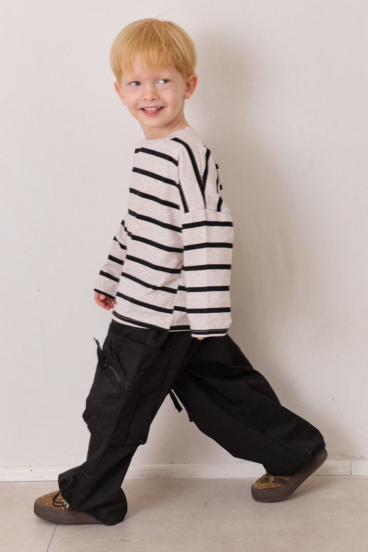 טי שירט פסים שרוול ארוך | בז'/שחור