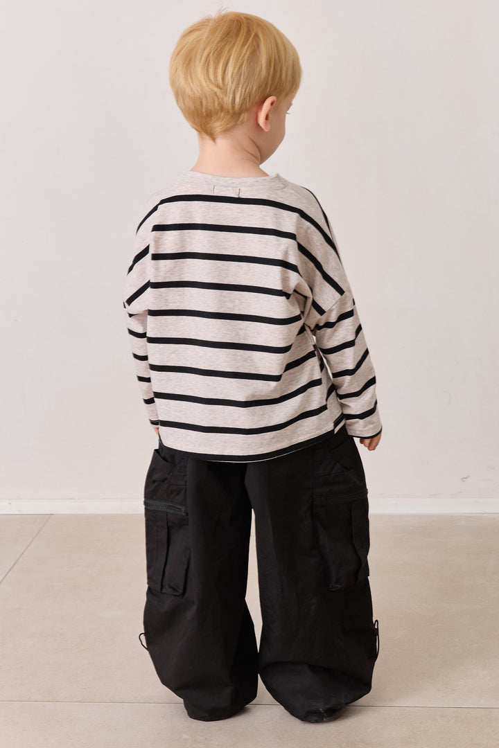 טי שירט פסים שרוול ארוך | בז'/שחור