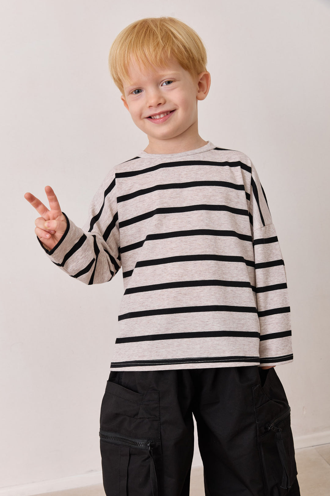 טי שירט פסים שרוול ארוך | בז'/שחור