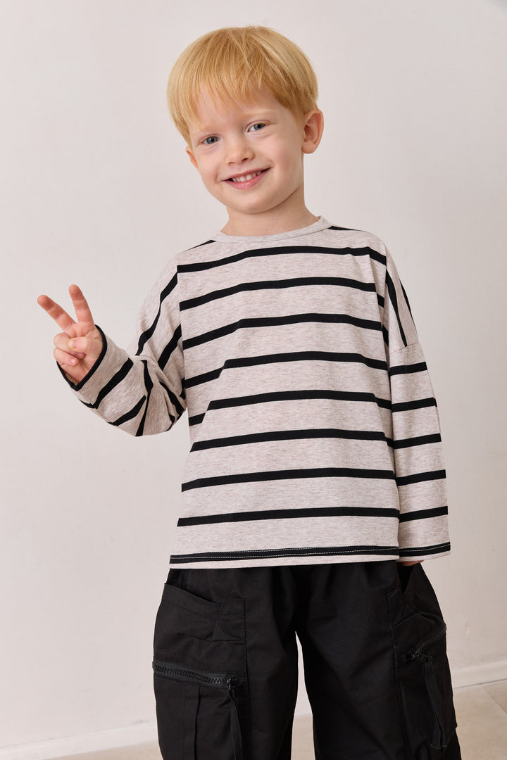 טי שירט פסים שרוול ארוך | בז'/שחור