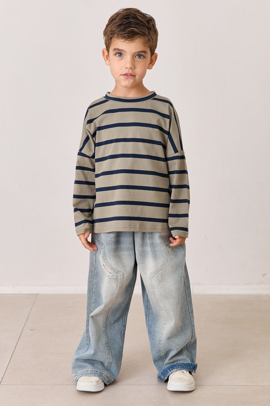 טי שירט פסים שרוול ארוך | ירוק/שחור