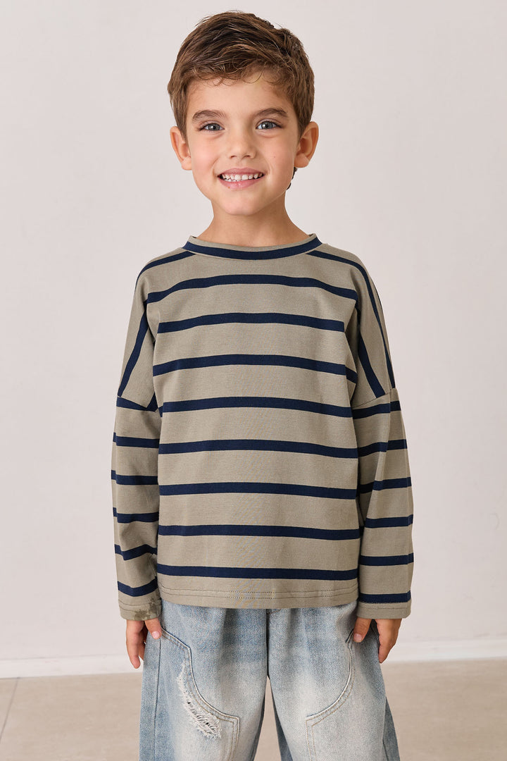 טי שירט פסים שרוול ארוך | ירוק/שחור