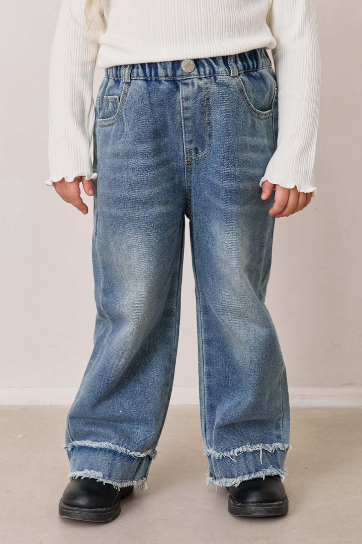 מכנסי דנים גומי במותן וסיומת מכפלת פרומה | ג'ינס