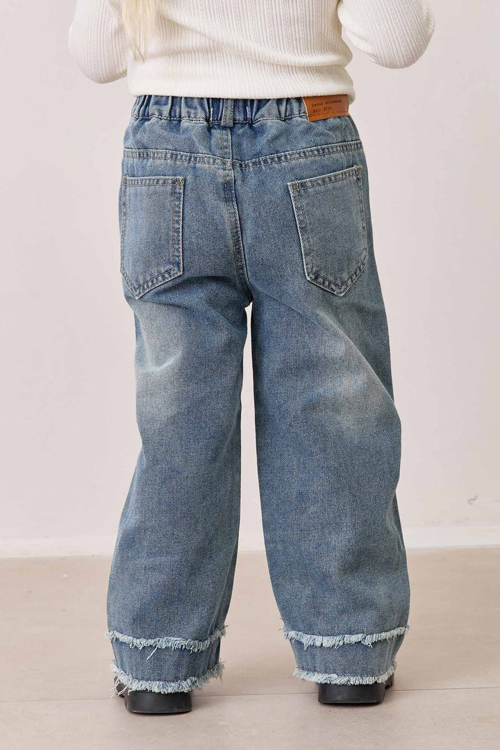 מכנסי דנים גומי במותן וסיומת מכפלת פרומה | ג'ינס