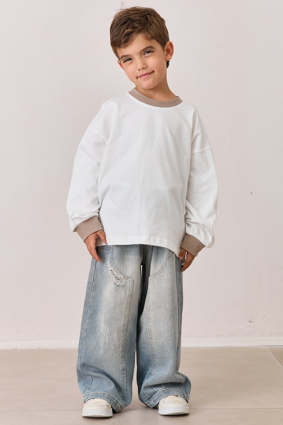 טי שירט שרוול ארוך בשילוב בד מובלט | לבן/חום