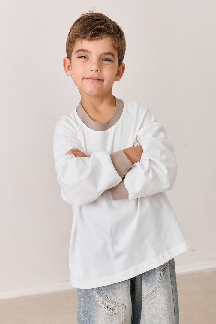 טי שירט שרוול ארוך בשילוב בד מובלט | לבן/חום