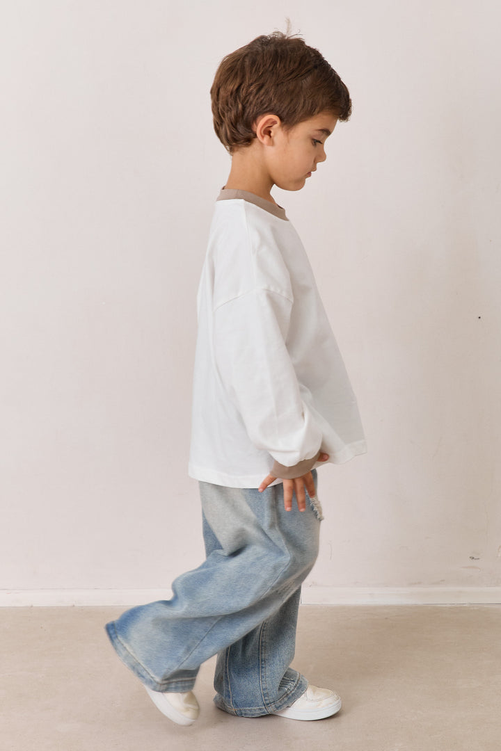 טי שירט שרוול ארוך בשילוב בד מובלט | לבן/חום