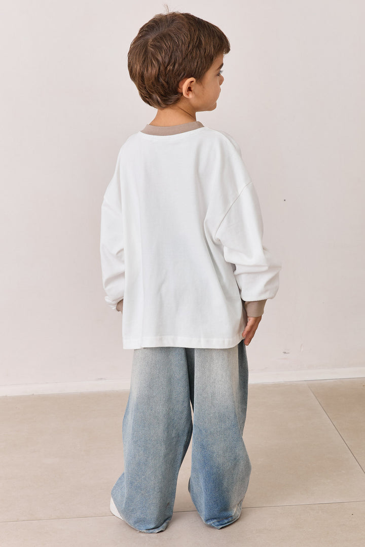 טי שירט שרוול ארוך בשילוב בד מובלט | לבן/חום