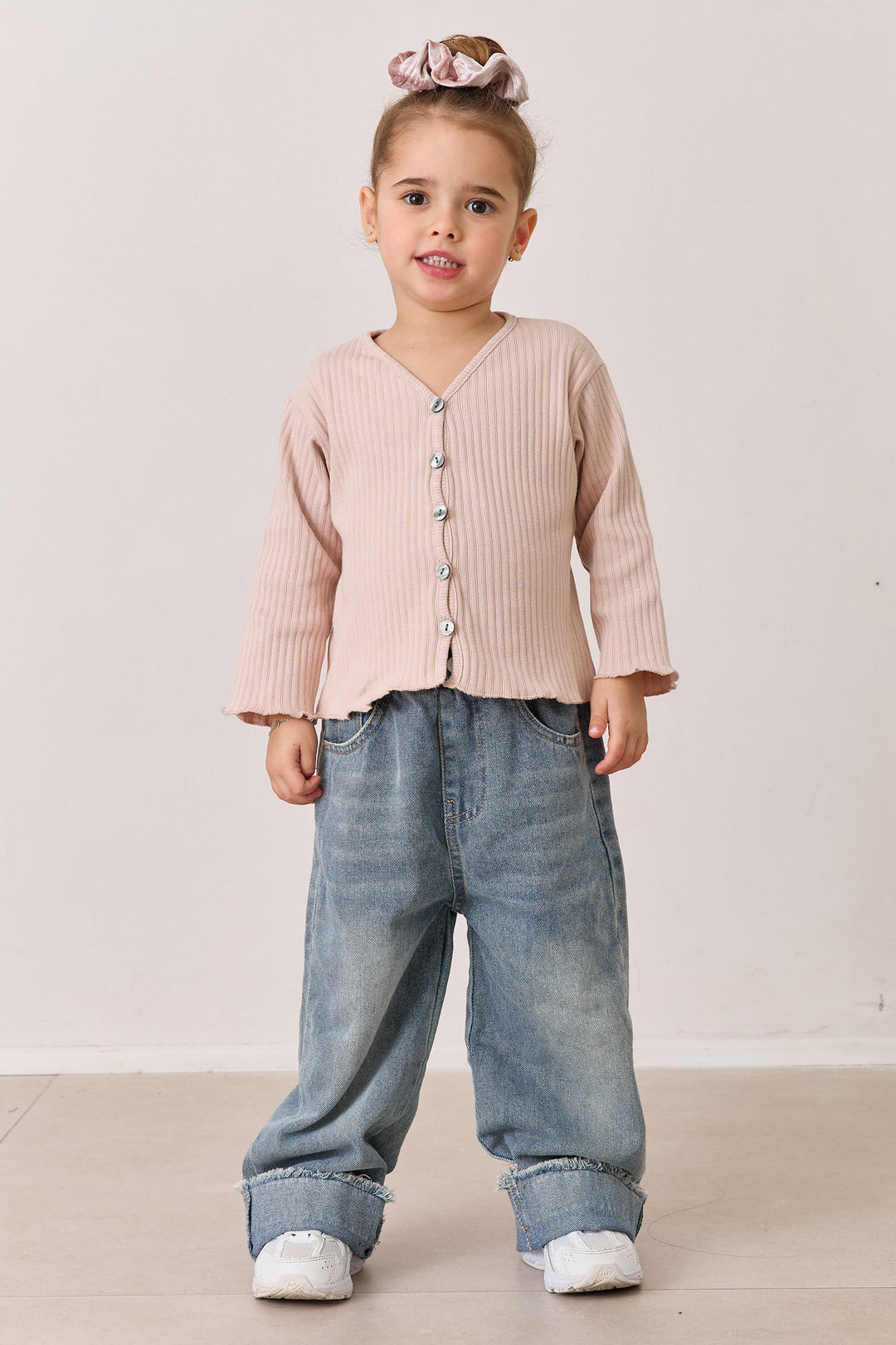 חולצת ריב ארוכה בשילוב כפתורים | ורוד