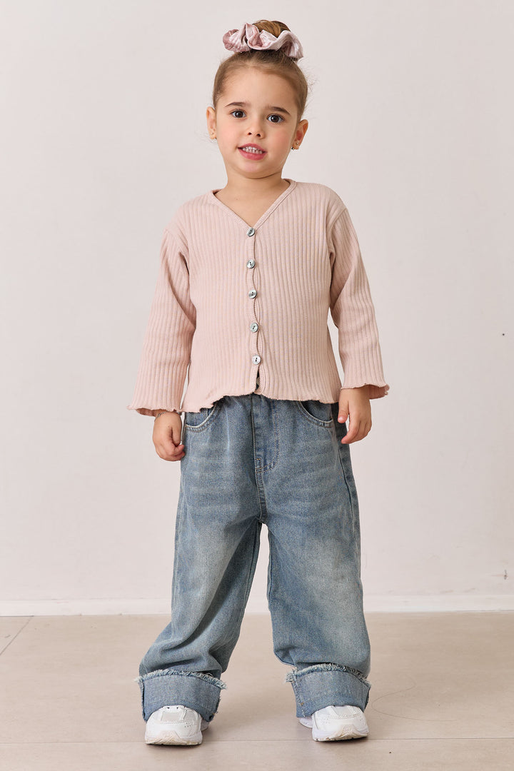 חולצת ריב ארוכה בשילוב כפתורים | ורוד