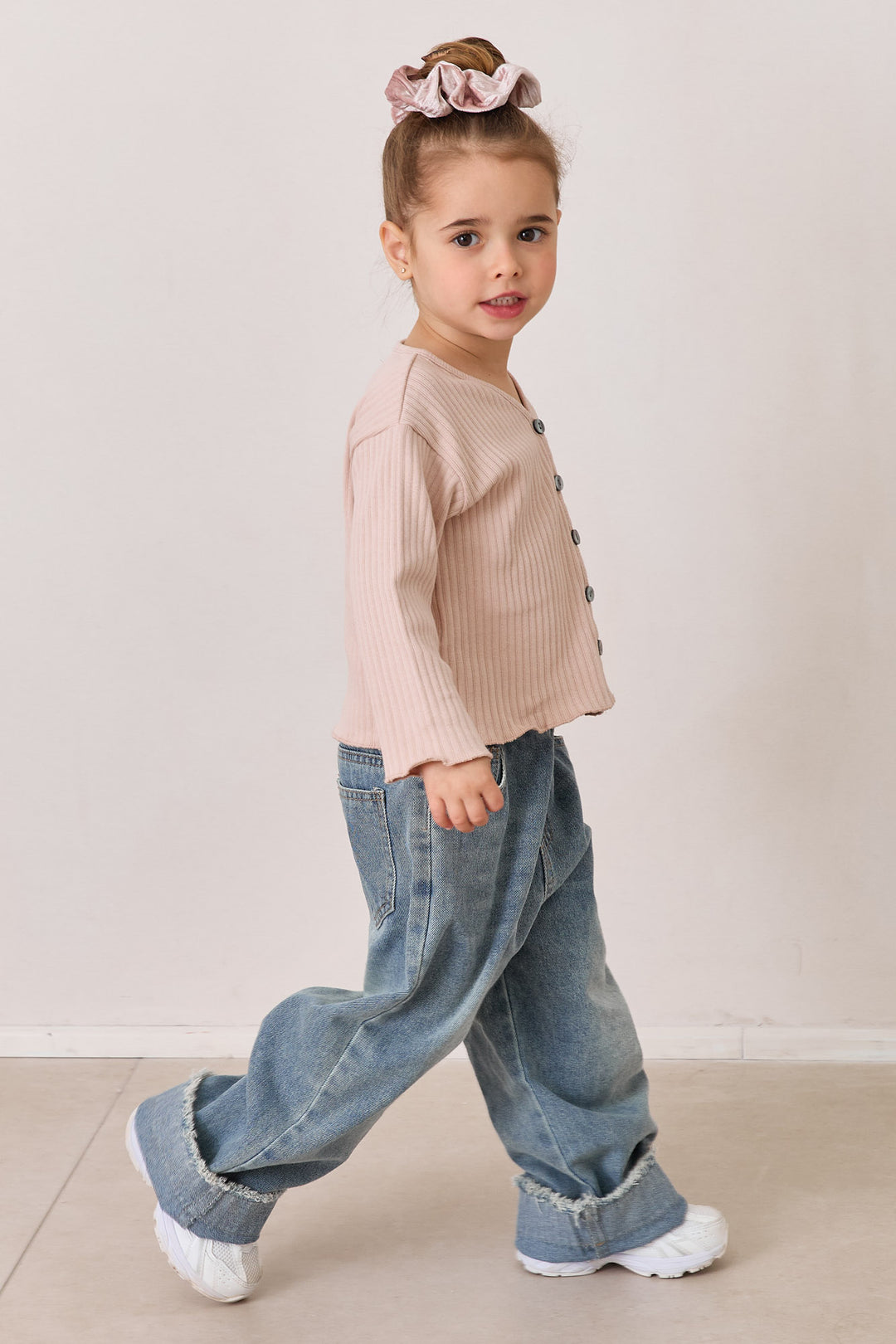 חולצת ריב ארוכה בשילוב כפתורים | ורוד