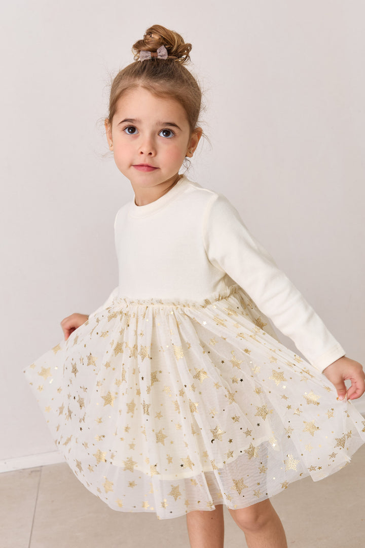 שמלה בשילוב טול עם הדפס כוכבים | שמנת