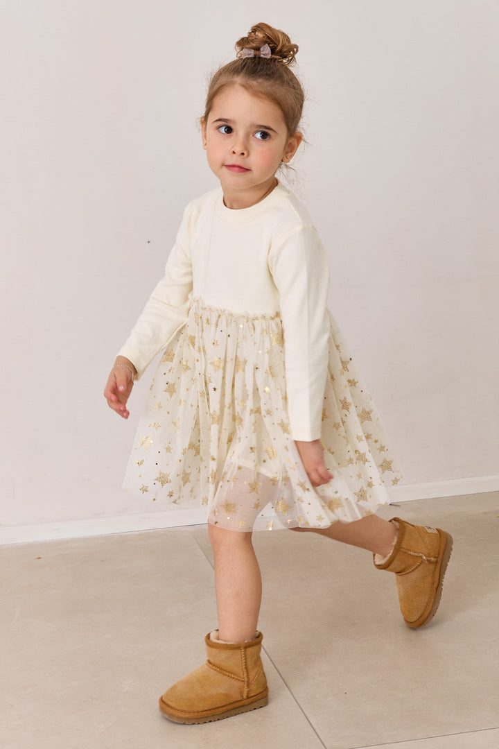 שמלה בשילוב טול עם הדפס כוכבים | שמנת