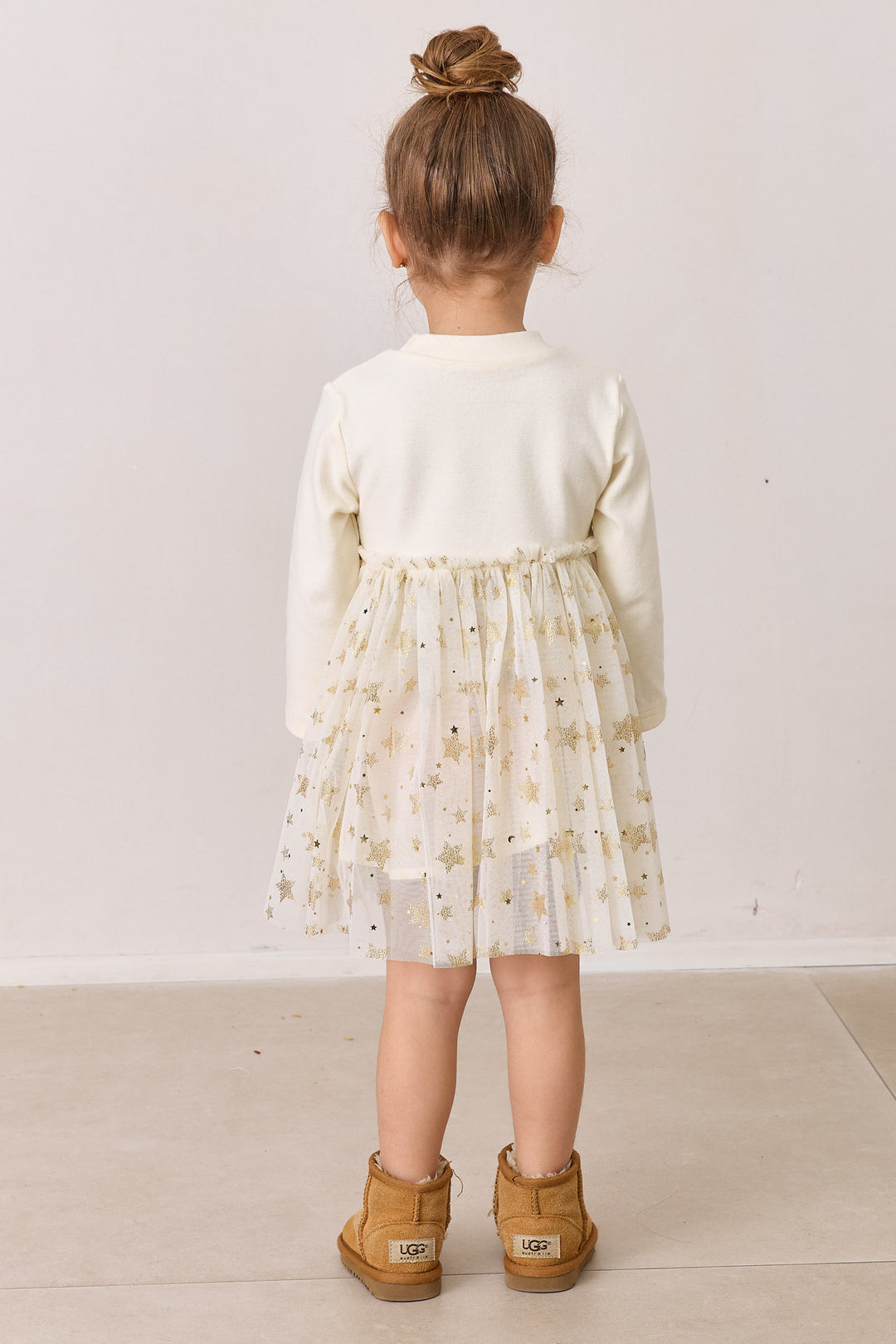 שמלה בשילוב טול עם הדפס כוכבים | שמנת