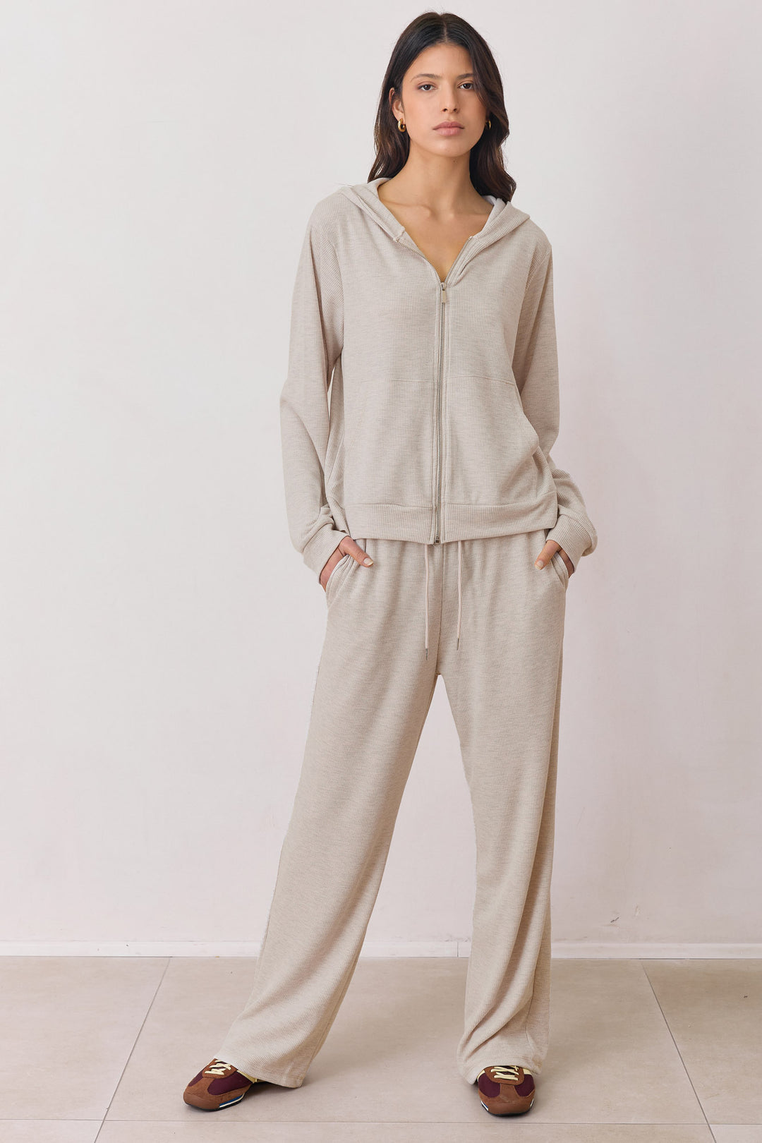 מכנסי וופל אנג'ליקה גזרה ישרה | בז' מלאנז'