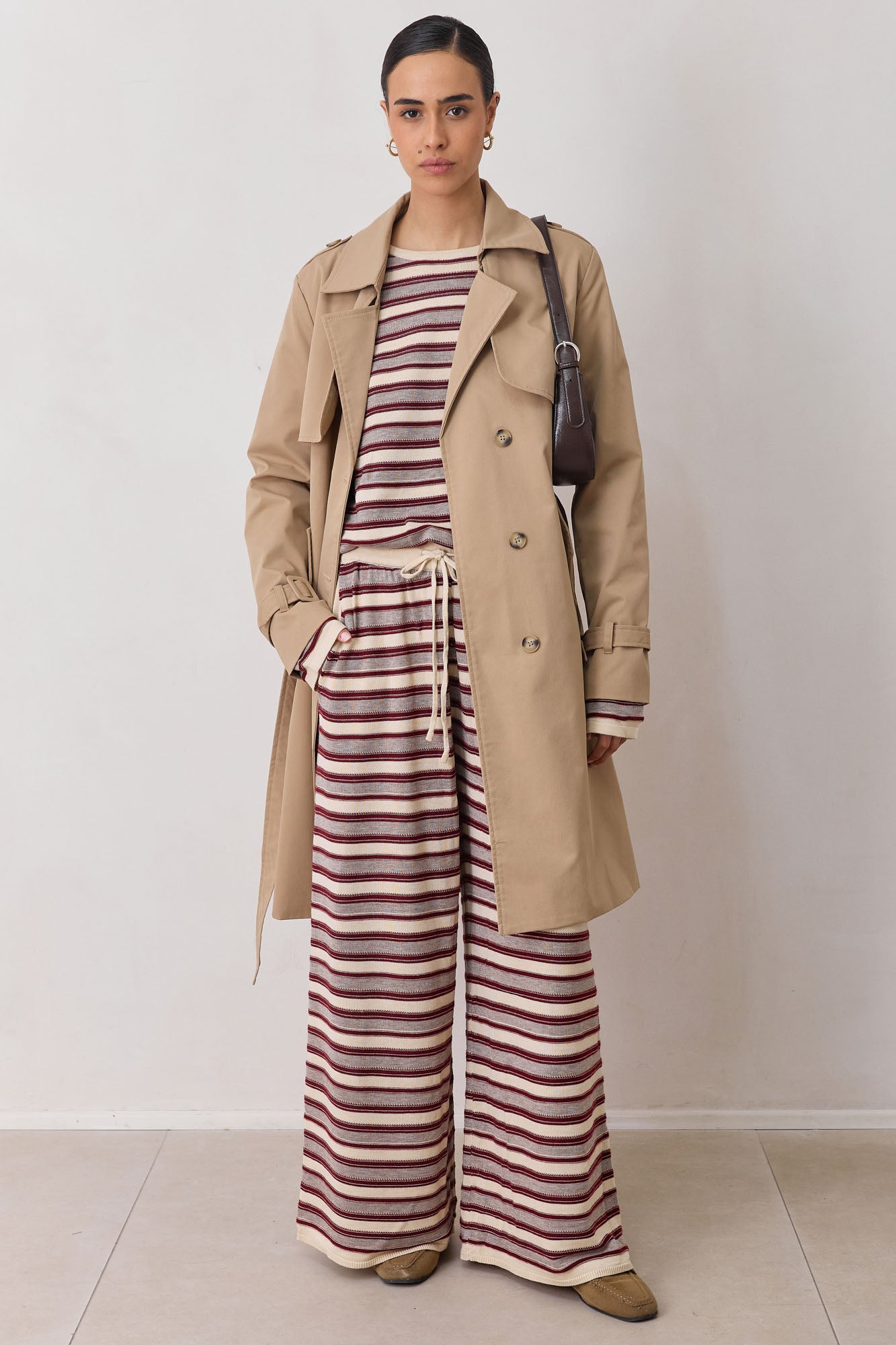 מכנסי סריג ג'ונס סטרייפס גזרה רחבה | חום